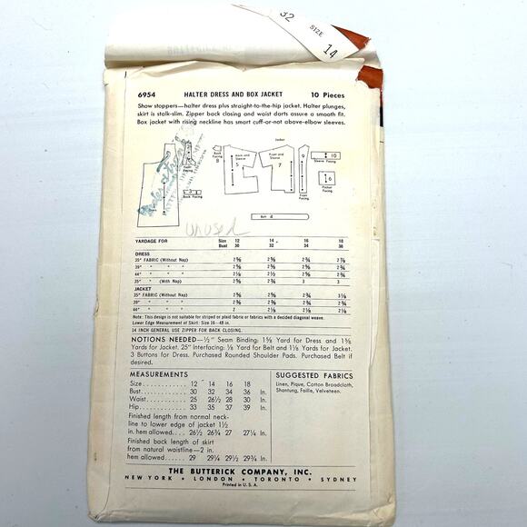 Butterick Vintage 1950's Pattern #6954 Women's Halter Dress And Box Jacket Sz 14 - Picture 6 of 6